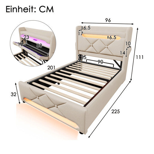 Cama de solteiro de linho 90x200cm com armazenamento e luz led,bege