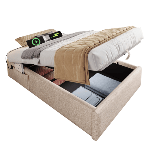 Cama de solteiro de linho 90x190cm com armazenamento,bege