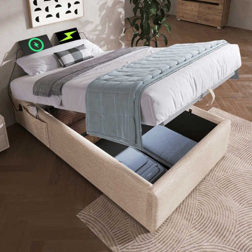 Cama de solteiro de linho 90x190cm com armazenamento,bege