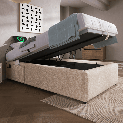 Cama de solteiro de linho 90x190cm com armazenamento,bege