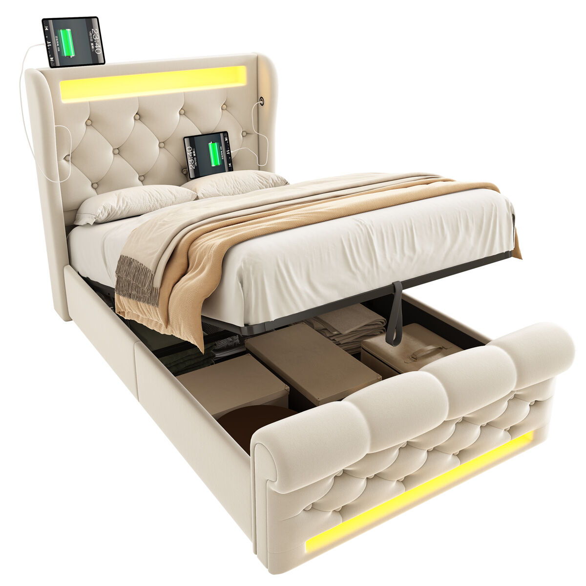 Cama individual de terciopelo con almacenaje 96x220