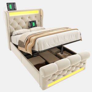 Cama de solteiro de veludo 90x200cm com armazenamento e luz led,bege