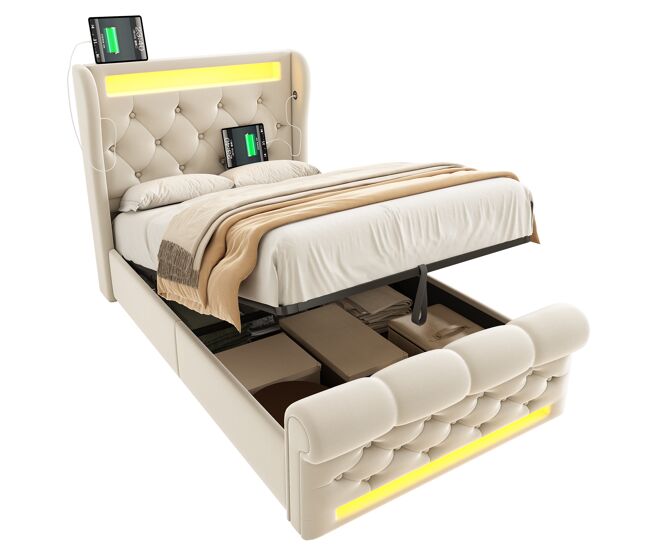 Cama individual de terciopelo con almacenaje 96x220