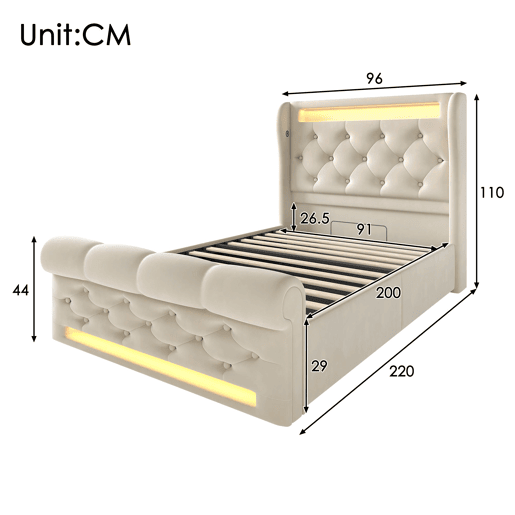 Cama de solteiro de veludo 90x200cm com armazenamento e luz led,bege