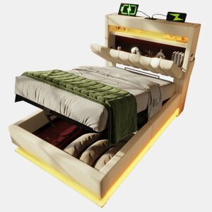 Cama de solteiro de linho 90x200cm com armazenamento e luz led,bege