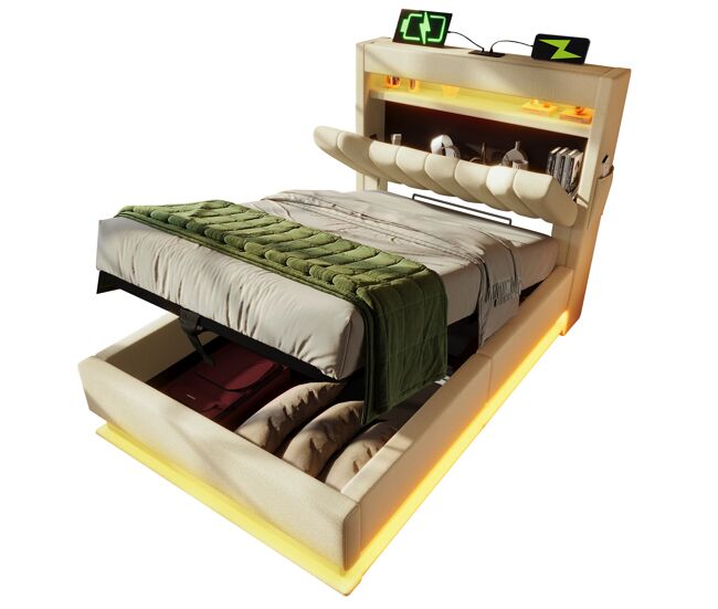 Cama individual de lino 90x200cm con almacenaje y luz led,beige