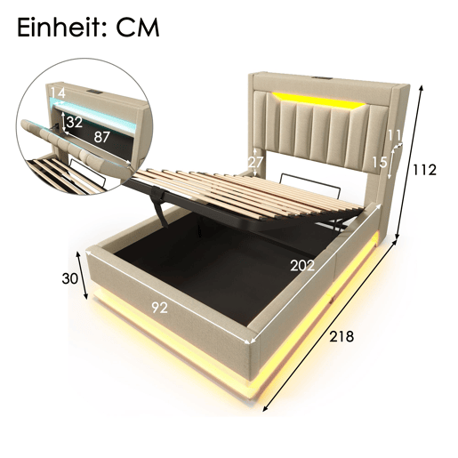 Cama de solteiro de linho 90x200cm com armazenamento e luz led,bege