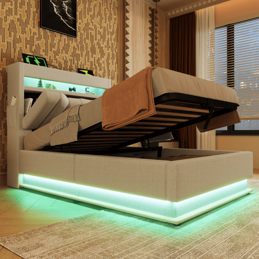 Cama de solteiro de linho 90x200cm com armazenamento e luz led,bege