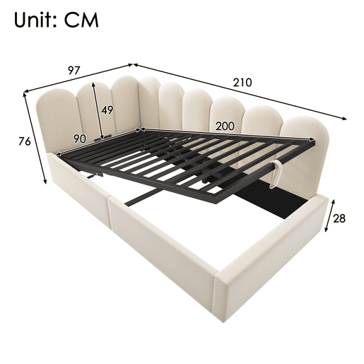 Cama de solteiro de veludo 90x200cm com armazenamento,bege