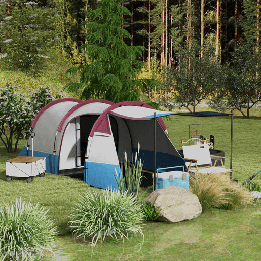 Outsunny Tenda de Campismo Familiar para 3 Pessoas Tenda de Campismo Dobrável Leve com 2 Divisões Bolsa de Transporte Impermeável 2000 mm para Praia e Caminhadas 420x200x150 cm Azul Claro e Vermelho