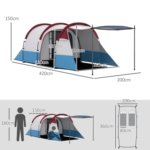Outsunny Tenda de Campismo Familiar para 3 Pessoas Tenda de Campismo Dobrável Leve com 2 Divisões Bolsa de Transporte Impermeável 2000 mm para Praia e Caminhadas 420x200x150 cm Azul Claro e Vermelho