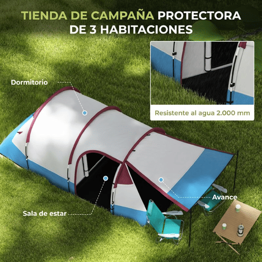 Outsunny Tenda de Campismo Familiar para 3 Pessoas Tenda de Campismo Dobrável Leve com 2 Divisões Bolsa de Transporte Impermeável 2000 mm para Praia e Caminhadas 420x200x150 cm Azul Claro e Vermelho