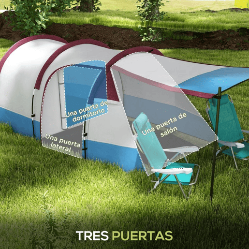 Outsunny Tenda de Campismo Familiar para 3 Pessoas Tenda de Campismo Dobrável Leve com 2 Divisões Bolsa de Transporte Impermeável 2000 mm para Praia e Caminhadas 420x200x150 cm Azul Claro e Vermelho