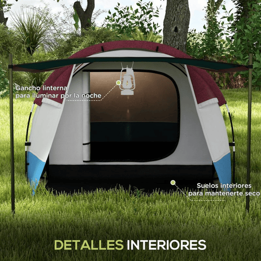 Outsunny Tenda de Campismo Familiar para 3 Pessoas Tenda de Campismo Dobrável Leve com 2 Divisões Bolsa de Transporte Impermeável 2000 mm para Praia e Caminhadas 420x200x150 cm Azul Claro e Vermelho
