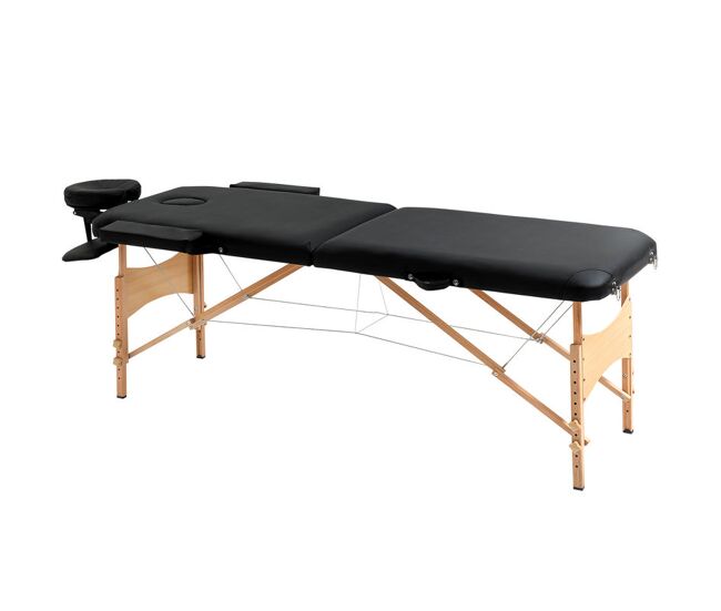 Homcom camilla de masaje plegable 210x81 cm camilla estética profesional con reposacabezas extraíble 2 zonas asa y marco de madera con altura regulable y bolsa de transporte negro