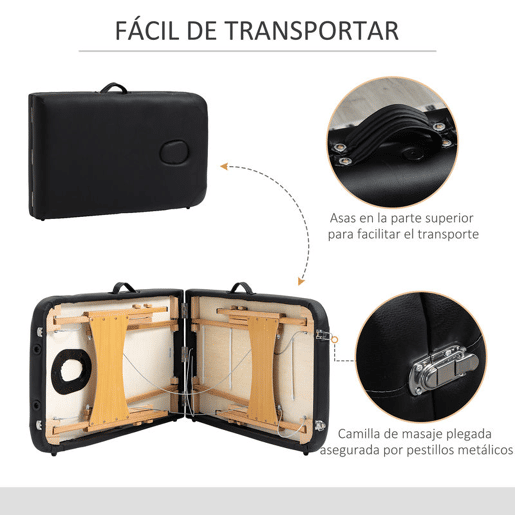 HOMCOM Marquesa de Massagem Dobrável Marquesa com Altura Ajustável 61-88 cm Desenho Ergonómico para Utilização Profissional Fácil de Transportar 185x60 cm Preto