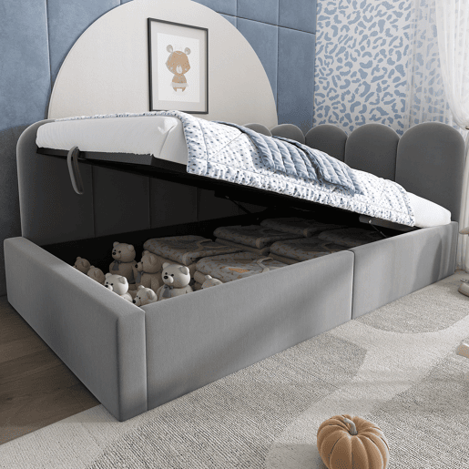 Cama de solteiro de veludo 90x190cm com armazenamento,cinzento