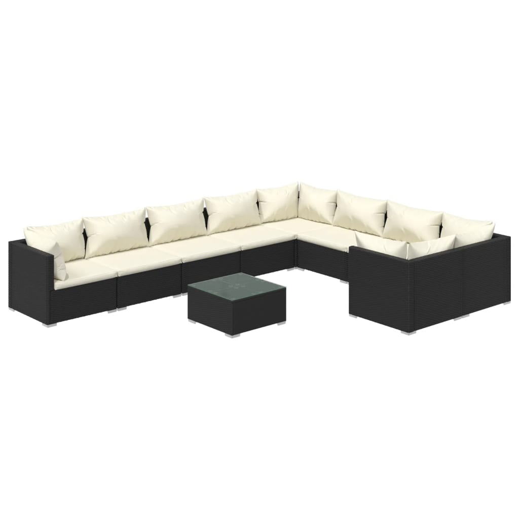 Set de muebles de jardín 10 pzs y cojines ratán sintético negro