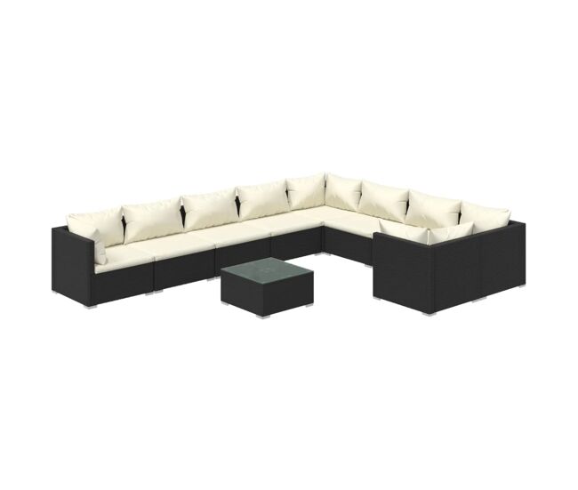 Set de muebles de jardín 10 pzs y cojines ratán sintético negro
