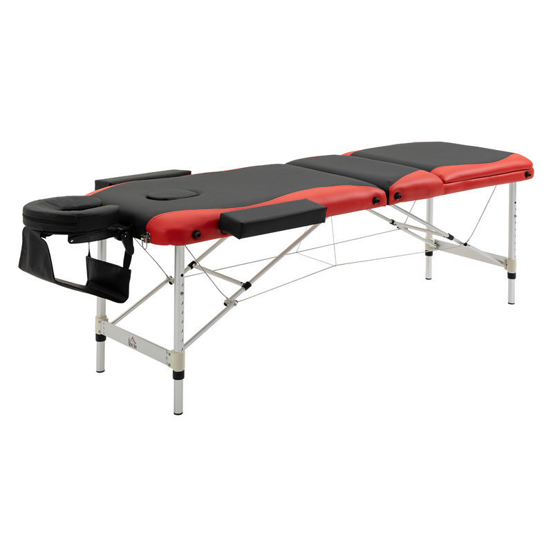 Homcom camilla de masaje plegable y portátil 215x60x61-84 cm mesa ajustable en altura con reposacabezas y apoyabrazos para tatuaje fisioterapia negro y rojo