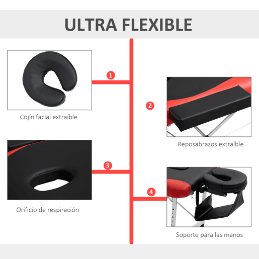 HOMCOM Marquesa de Massagem Dobrável e Portátil Mesa de Massagem com Altura Ajustável Apoio para a Cabeça e Apoio para os Braços 215x60x61-84 cm Preto e Vermelho
