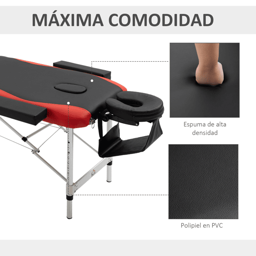 HOMCOM Marquesa de Massagem Dobrável e Portátil Mesa de Massagem com Altura Ajustável Apoio para a Cabeça e Apoio para os Braços 215x60x61-84 cm Preto e Vermelho