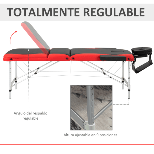 HOMCOM Marquesa de Massagem Dobrável e Portátil Mesa de Massagem com Altura Ajustável Apoio para a Cabeça e Apoio para os Braços 215x60x61-84 cm Preto e Vermelho