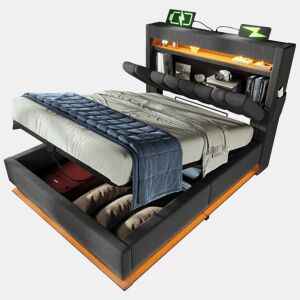 Cama de solteiro de linho 90x200cm com armazenamento e luz led,cinzento