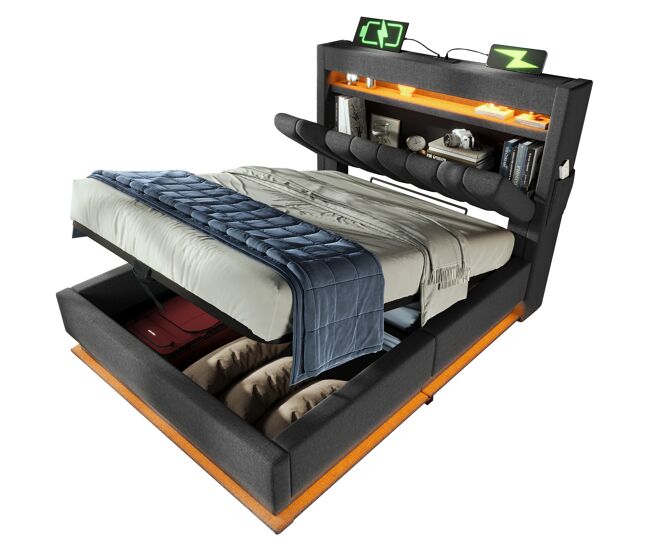 Cama individual de lino 90x200cm con almacenaje y luz led,gris