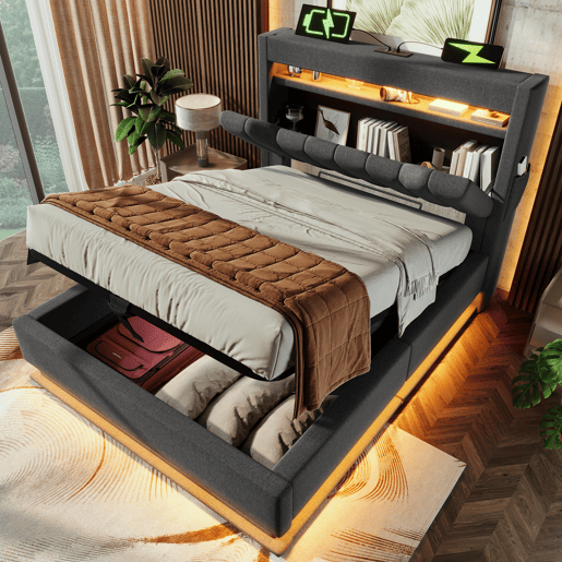 Cama de solteiro de linho 90x200cm com armazenamento e luz led,cinzento