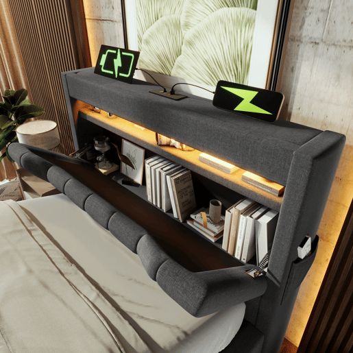 Cama de solteiro de linho 90x200cm com armazenamento e luz led,cinzento
