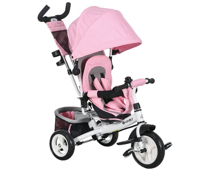 Homcom triciclo para bebés triciclo evolutivo para niños con toldo plegable mango de empuje telescópico y desmontable bolso para mamá y portabotellas