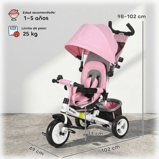 HOMCOM Triciclo para Bebés Triciclo Evolutivo para Crianças de +12 Meses com Capota Dobrável Guiador Telescópico e Removível Bolsa e Porta-Garrafas 102x49x102 cm Rosa
