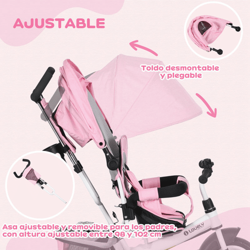 HOMCOM Triciclo para Bebés Triciclo Evolutivo para Crianças de +12 Meses com Capota Dobrável Guiador Telescópico e Removível Bolsa e Porta-Garrafas 102x49x102 cm Rosa