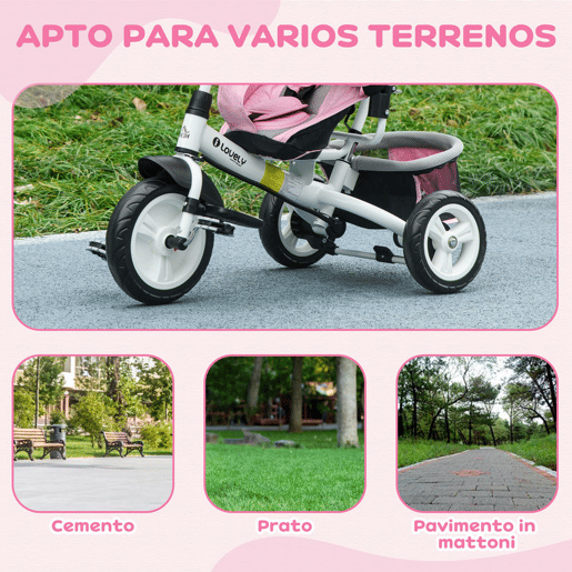 HOMCOM Triciclo para Bebés Triciclo Evolutivo para Crianças de +12 Meses com Capota Dobrável Guiador Telescópico e Removível Bolsa e Porta-Garrafas 102x49x102 cm Rosa
