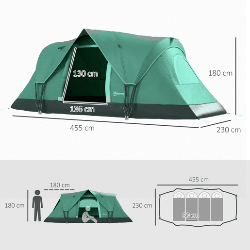 Outsunny Tenda de Campanha Familiar para 5-6 Pessoas Tenda de Túnel Impermeável 3000mm+ com Bolsa de Transporte e Gancho para Pesca Caminhadas 455x220x180 cm Verde
