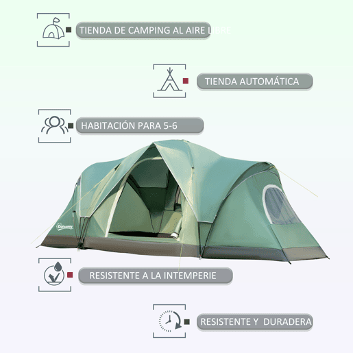 Outsunny Tenda de Campanha Familiar para 5-6 Pessoas Tenda de Túnel Impermeável 3000mm+ com Bolsa de Transporte e Gancho para Pesca Caminhadas 455x220x180 cm Verde