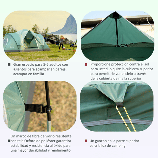 Outsunny Tenda de Campanha Familiar para 5-6 Pessoas Tenda de Túnel Impermeável 3000mm+ com Bolsa de Transporte e Gancho para Pesca Caminhadas 455x220x180 cm Verde