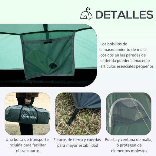 Outsunny Tenda de Campanha Familiar para 5-6 Pessoas Tenda de Túnel Impermeável 3000mm+ com Bolsa de Transporte e Gancho para Pesca Caminhadas 455x220x180 cm Verde