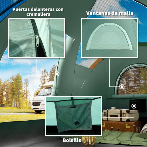 Outsunny Tenda de Campanha Familiar para 5-6 Pessoas Tenda de Túnel Impermeável 3000mm+ com Bolsa de Transporte e Gancho para Pesca Caminhadas 455x220x180 cm Verde