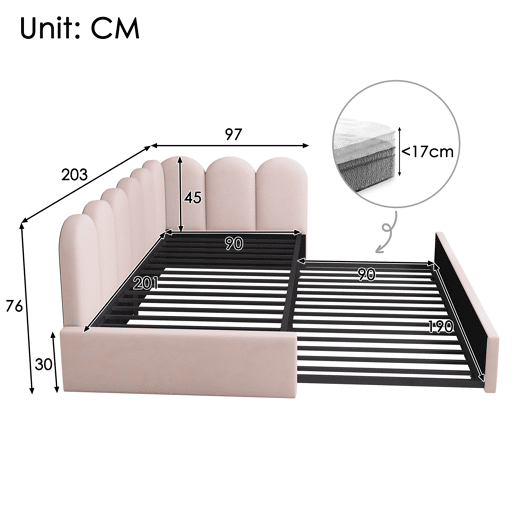 Cama gavetão de veludo 90x200cm,rosa