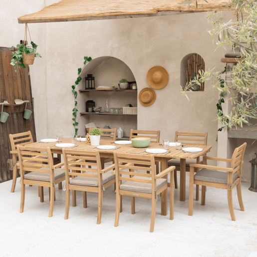 Conjunto de mobiliário de jardim extensível 180240cm PADAR em madeira de acácia 8 lugares - almofadas de areia