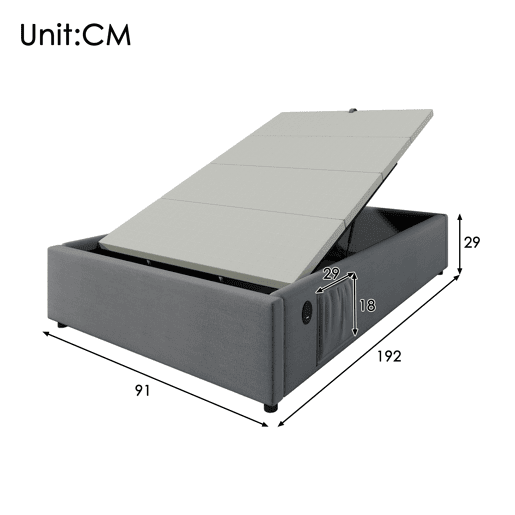 Cama de solteiro de algodão e linho 90x190cm com armazenamento,cinzento