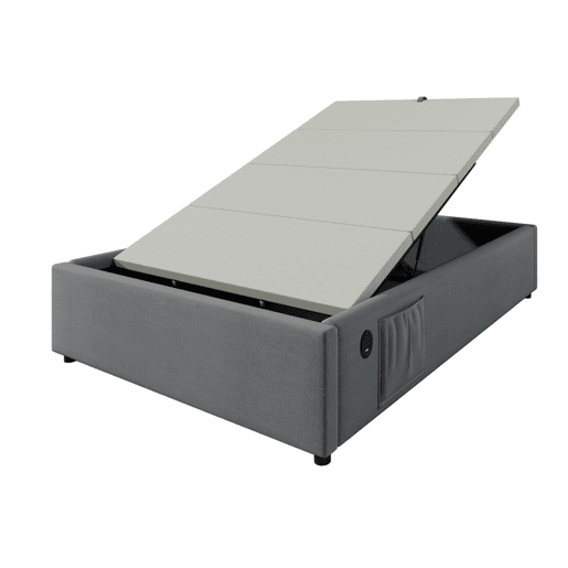 Cama de solteiro de algodão e linho 90x190cm com armazenamento,cinzento