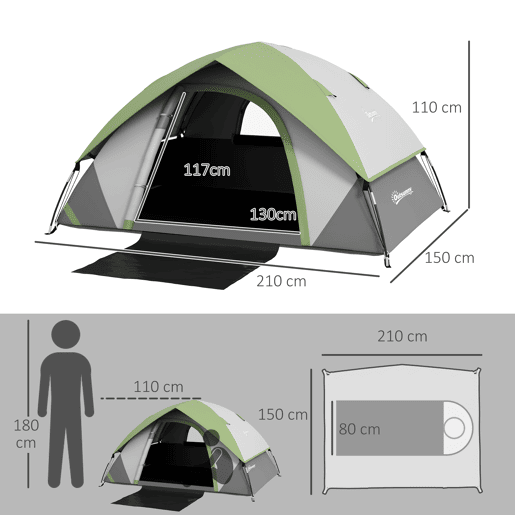 Outsunny Tenda de Campismo para 1-2 Pessoas Tenda de Campismo Dobrável com Janela e Bolsa de Transporte Impermeável 3000 mm 210x150x110 cm Verde