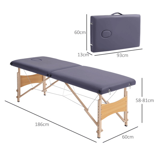 HOMCOM Marquesa de Massagem Dobrável Mesa de Massagem Portátil com Apoio de Cabeça Estrutura de Madeira Marquesa Fisioterapia com Altura Regulável e Bolsa de Transporte 186x60x61-87 cm Roxo