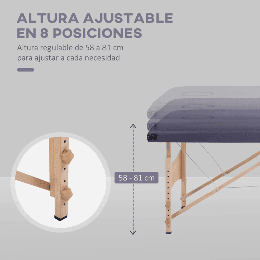 HOMCOM Marquesa de Massagem Dobrável Mesa de Massagem Portátil com Apoio de Cabeça Estrutura de Madeira Marquesa Fisioterapia com Altura Regulável e Bolsa de Transporte 186x60x61-87 cm Roxo