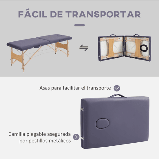 HOMCOM Marquesa de Massagem Dobrável Mesa de Massagem Portátil com Apoio de Cabeça Estrutura de Madeira Marquesa Fisioterapia com Altura Regulável e Bolsa de Transporte 186x60x61-87 cm Roxo