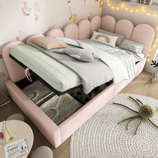 Cama de solteiro de veludo 90x190cm com armazenamento,rosa