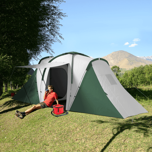 Outsunny Tenda de Campismo Familiar para 4-6 Pessoas com 2 Dormitórios Tenda de Campismo Grande Impermeável 3000 mm com Bolsa de Transporte 555x225x190 cm Cinza e Verde